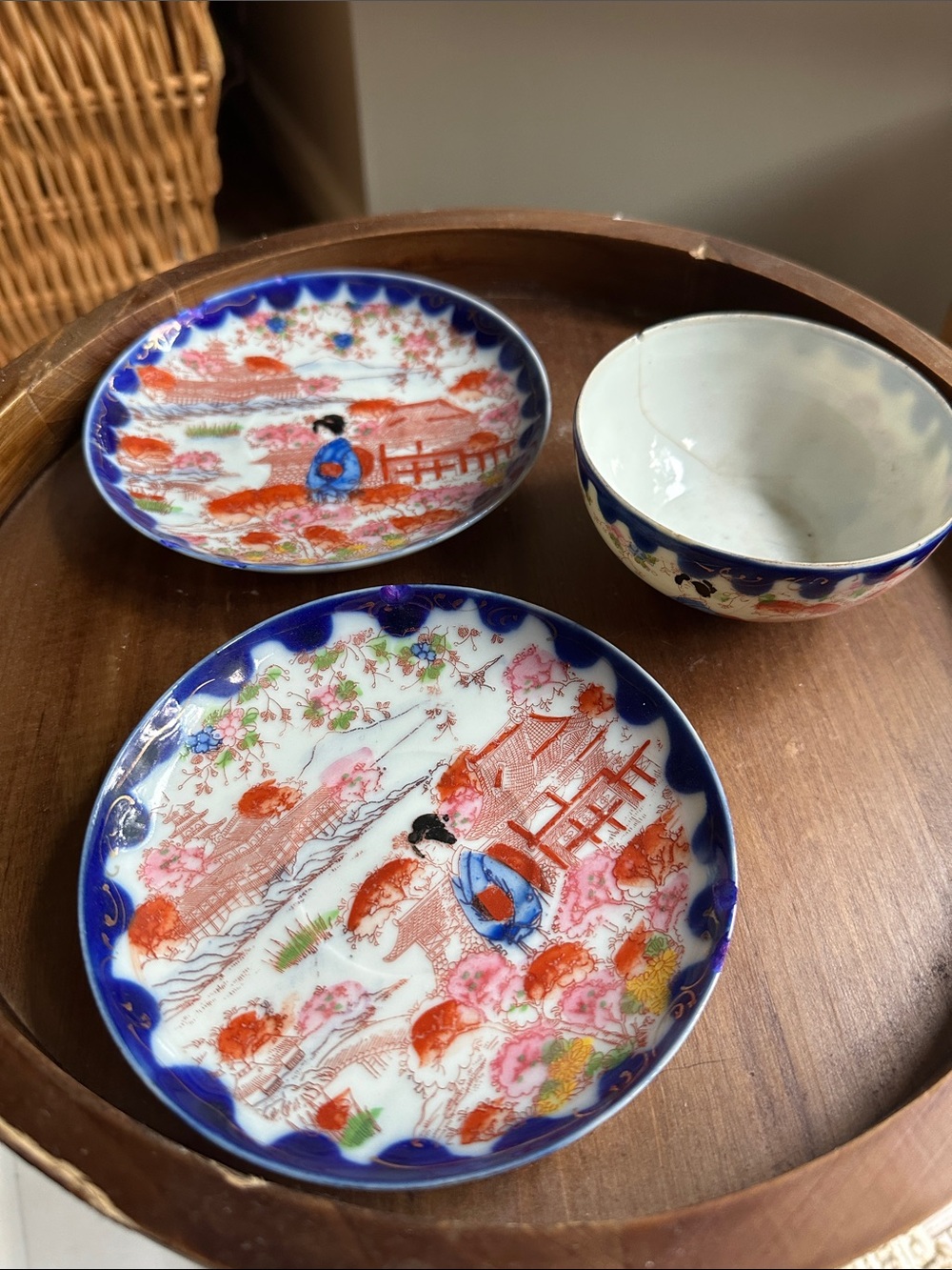 Nippon Hand-Painted Japanese Porcelain saucers and cup - Blue, Red, Pink
